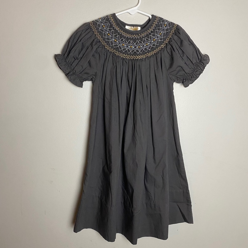 Rosalina Collections Smocked‎ Dress Girls 3T Gray Puff Sleeve Embroidered